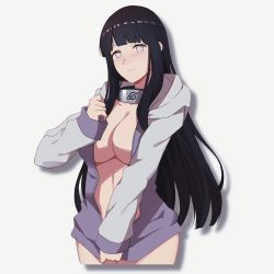 Rule 34 | 1girl, artist request, black hair, breasts, coat, highres, hyuuga hinata, large breasts, light blush, long hair, looking at viewer, naked coat, naruto, naruto (series), solo, source request, tagme
