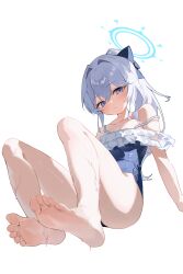 Rule 34 | 1girl, absurdres, barefoot, blue archive, feet, highres, light blush, long hair, looking at viewer, miyako (blue archive), miyako (swimsuit) (blue archive), ponytail, ryou, soles, swimsuit, toes