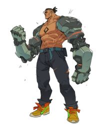 Rule 34 | 1boy, bara, belt, black pants, blue belt, brown hair, facial hair, floyd iraia (streets of rage 4), hicham habchi, highres, male focus, mechanical arms, multicolored footwear, orange footwear, pants, scar, scar on face, serious, shaved head, streets of rage 4, stubble, tan, thick eyebrows, tied locs, topless male, torn clothes, torn pants, white background, yellow footwear