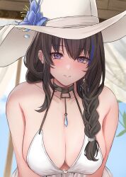 Rule 34 | 1girl, bikini, black hair, blue flower, blue hair, blush, braid, breasts, cleavage, earrings, flower, goddess of victory: nikke, hair over shoulder, hand on headwear, hat, hat flower, highres, jewelry, large breasts, large hat, lips, long hair, mary (bay goddess) (nikke), mary (nikke), multicolored hair, navel, necklace, official alternate costume, parted lips, peli cantaro, smile, solo, streaked hair, sun hat, swimsuit, swimsuit cover-up, unusually open eyes, white bikini, white hat