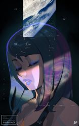 Rule 34 | 1girl, aurahack, black hair, blue lips, breasts, cleavage, closed eyes, commentary, earth (planet), english commentary, eyeliner, highres, lips, lipstick, makeup, medium hair, nose, original, planet, reflection, science fiction, solo, space, swept bangs