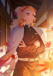 1boy :3 autumn autumn_leaves belt belt_buckle black_jacket black_pants blonde_hair buckle cape closed_mouth crossed_arms forked_eyebrows highres jacket kimetsu_no_yaiba leaf long_hair long_sleeves looking_at_viewer male_focus maple_leaf multicolored_hair pants ponytail red_hair remsor076 rengoku_kyoujurou smile solo twitter_username two-tone_hair white_belt white_cape yellow_eyes