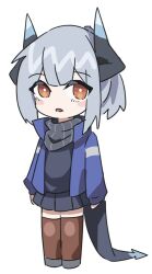 Rule 34 | 1girl, arknights, black shirt, black skirt, blue jacket, blush stickers, brown eyes, brown thighhighs, chibi, commentary request, full body, grey footwear, grey hair, horns, itto nito, jacket, liskarm (arknights), looking at viewer, open clothes, open jacket, parted lips, pleated skirt, shirt, shoes, simple background, skirt, solo, standing, tail, thighhighs, white background