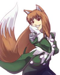 Rule 34 | 1girl, animal ears, brown hair, cosplay, fangs, gloves, grin, hand on own face, highres, holo, lobelia carlini, lobelia carlini (cosplay), long hair, long sleeves, mochi suki, red eyes, sakura taisen, sakura taisen iii, simple background, smile, solo, spice and wolf, tail, uniform, wolf ears, wolf tail