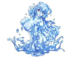 Rule 34 | 1girl, :p, ahoge, ass, blue skin, breasts, brown eyes, colored skin, female focus, highres, kisaragi auc, long hair, monster girl, nude, original, simple background, slime girl, smile, solo, tongue, tongue out, white background
