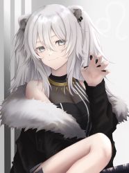 Rule 34 | 1girl, absurdres, animal ears, bad id, bad pixiv id, black jacket, black nails, black shirt, claw pose, cleavage, commentary request, earrings, fur-trimmed jacket, fur trim, grey background, grey eyes, hair between eyes, hand up, highres, hololive, jacket, jewelry, lion ears, long hair, long sleeves, looking at viewer, nail polish, necklace, partial commentary, see-through, see-through cleavage, shirt, shishiro botan, shishiro botan (1st costume), silver hair, smile, solo, virtual youtuber, wozuya