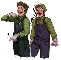 Rule 34 | 1boy, ?, blue eyes, blush, brown hair, cropped legs, facial hair, gloves, green shirt, highres, looking to the side, luigi, m0kaccinoh, male focus, mario (series), multiple views, mustache, nintendo, no headwear, overalls, scared, shirt, short hair, smile, thick mustache, white background, white gloves