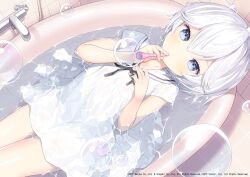 Rule 34 | 1girl, afloat, azur lane, bath, bathing, bathtub, black ribbon, blue eyes, blush, blowing bubbles, bubble pipe, capriccio, closed mouth, commentary request, dress, grey hair, hair between eyes, hands up, holding, looking at viewer, lying, neck ribbon, official art, on back, ribbon, sailor collar, sailor dress, see-through, short sleeves, solo, tile floor, tile wall, tiles, u-110 (azur lane), wet, wet clothes, wet dress, white dress, white sailor collar