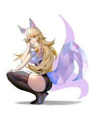 Rule 34 | 1girl, absurdres, ahri (league of legends), animal ears, ass, bare shoulders, blonde hair, breasts, facial mark, fox ears, fox tail, from side, high heels, highres, k/da (league of legends), k/da ahri, kuroha (rockluo213), large breasts, league of legends, long hair, looking at viewer, multiple tails, shiny clothes, shiny skin, short sleeves, smile, solo, squatting, tail, whisker markings, yellow eyes