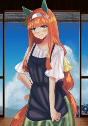 Rule 34 | 1girl, animal ears, apron, b9pqpy, blue eyes, blunt bangs, blush, breasts, casual, commentary request, hair between eyes, hair ornament, headband, highres, horse ears, horse girl, horse tail, jewelry, long hair, looking at viewer, ring, silence suzuka (umamusume), sky, smile, solo, tail, umamusume, wedding ring