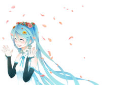 Rule 34 | 1girl, blue hair, blush, hatsune miku, long hair, open mouth, petals, rkp, simple background, smile, solo, tears, very long hair, vocaloid, white background