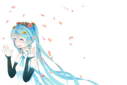 1girl blue_hair blush female_focus hatsune_miku long_hair open_mouth petals rkp simple_background smile solo tears very_long_hair vocaloid white_background