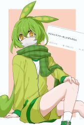 Rule 34 | 1girl, alternate costume, arm support, border, commentary request, covered mouth, feet out of frame, green hair, green jacket, green scarf, green shorts, gym shirt, hand on own knee, highres, invisible chair, jacket, long hair, long sleeves, looking at viewer, low ponytail, mask, mouth mask, outside border, partially unzipped, pink background, plaid, plaid scarf, request inset, scarf, shiino (shi no q), shirt, short shorts, shorts, simple background, sitting, socks, solo, translation request, unmoving pattern, voicevox, white border, white shirt, white socks, yellow eyes, zundamon