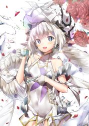 Rule 34 | 1girl, :d, bad id, bad pixiv id, blue eyes, blush, commentary request, cup, dress, fate/grand order, fate (series), flower, frilled hat, frills, gloves, h shai, hair between eyes, hair flower, hair ornament, half gloves, hat, head tilt, highres, holding, holding cup, holding saucer, long hair, looking at viewer, low twintails, marie antoinette (fate), marie antoinette (third ascension) (fate), open mouth, petals, purple flower, purple rose, red flower, red rose, rose, rose petals, saucer, short dress, silver hair, smile, solo, teacup, twintails, very long hair, water, white dress, white gloves, white hat