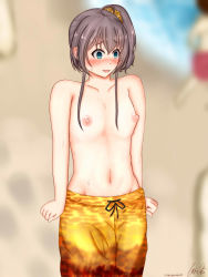 Rule 34 | 1girl, absurdres, aqua eyes, artist request, beach, blurry, blurry background, blush, breasts, character request, clenched hands, copyright request, day, embarrassed, exhibitionism, female focus, grey hair, highres, male swimwear, male swimwear challenge, nipples, ocean, open mouth, orange male swimwear, orange swim trunks, outdoors, print male swimwear, print swim trunks, public indecency, sand, small breasts, solo, source request, standing, sweat, swim trunks, swimsuit, tagme, topless