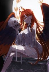 Rule 34 | 1girl, absurdres, ahoge, aphrodite (fate), backlighting, bare shoulders, blonde hair, blush, breasts, center opening, cleavage, crossed legs, dress, earrings, fate/grand order, fate (series), feathered wings, hair intakes, halo, heart, heart earrings, highres, holding, holding skull, jewelry, large breasts, long hair, long sleeves, moon, moonlight, multicolored hair, multiple wings, orange eyes, puffy sleeves, red hair, red wings, seorang, sitting, skull, smile, solo, thighs, two-tone hair, very long hair, white dress, wings, wrist cuffs
