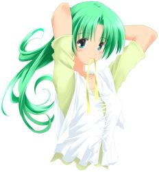 Rule 34 | 00s, 1girl, adjusting hair, arms up, blue eyes, cross-laced clothes, fujitsuki, green hair, higurashi no naku koro ni, looking at viewer, mouth hold, ribbon, ribbon in mouth, simple background, smile, solo, sonozaki mion, tying hair, upper body, white background