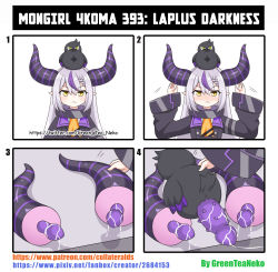 Rule 34 | 1girl, 4koma, absurdres, bird, blush, closed mouth, comic, crow (la+ darknesss), fake horns, greenteaneko, highres, hololive, holox, horns, la+ darknesss, long sleeves, multicolored hair, pointy ears, purple hair, simple background, sleeves rolled up, solo, striped horns, two-tone hair, upper body, virtual youtuber, what, white background, yellow eyes