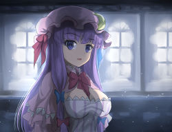 Rule 34 | 1girl, blunt bangs, breasts, cleavage, crescent, crescent hair ornament, crescent hat ornament, crescent pin, dress, hair ornament, hat, hat ornament, highres, large breasts, long hair, looking at viewer, mob cap, namiki (remiter00), patchouli knowledge, purple dress, purple eyes, purple hair, purple hat, solo, striped clothes, striped dress, touhou, vertical-striped clothes, vertical-striped dress, very long hair