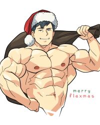 Rule 34 | 1boy, abs, bara, christmas, cropped torso, flexing, flexing pectorals, gift bag, hat, large pectorals, looking at viewer, male focus, merry christmas, muscular, muscular male, navel, nipples, nude, original, pectorals, pun, red hat, santa costume, santa hat, short hair, smile, solo, stomach, thick eyebrows, zephleit
