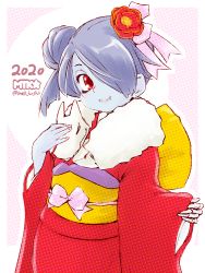 Rule 34 | 1girl, 2020, absurdres, blue hair, blue skin, colored skin, earrings, flower, flower on head, hair over one eye, highres, japanese clothes, jewelry, kimono, leviathan (skullgirls), looking at viewer, mtk hoshi, nail polish, pink nails, red eyes, ribbon, side ponytail, skeletal arm, skullgirls, smile, solo, squigly (skullgirls), stitched mouth, stitches, upper body, zombie
