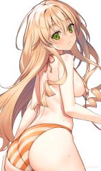 Rule 34 | 1girl, ass, barefoot sandals (jewelry), bikini, blonde hair, breasts, brown footwear, copyright request, from behind, green eyes, hair between eyes, highres, kurebayashi noe, long hair, looking at viewer, looking back, medium breasts, orange bikini, sandals, sideboob, simple background, standing, striped bikini, striped clothes, sweat, swimsuit, white background