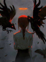 Rule 34 | 1girl, animal, animal on shoulder, bird, bird on shoulder, braid, braided ponytail, chainsaw man, collared shirt, crow, dark background, dino (dinoartforame), fog, from behind, grey background, halo, highres, long hair, looking away, makima (chainsaw man), pants, red eyes, red hair, ringed eyes, shirt, shirt tucked in, sidelocks, solo, tight clothes, tight pants, white shirt