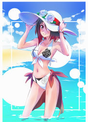 Rule 34 | 1girl, beach, bikini, breasts, cleavage, commentary request, day, floral print, flower, front-tie bikini top, front-tie top, grey eyes, hat, hat flower, highres, iesupa, mature female, medium breasts, navel, outdoors, panties, red hair, rwby, scrunchie, smile, solo, summer rose, sun hat, swimsuit, towel around waist, underwear, wading, water, white bikini, white panties, wrist scrunchie