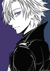 Rule 34 | 1boy, artist name, black coat, blonde hair, coat, daybit sem void, fate/grand order, fate (series), from side, greyscale with colored background, hair between eyes, looking at viewer, male focus, misuke (gyouran), monochrome, profile, purple background, purple eyes, short hair, simple background, solo, trench coat, upper body