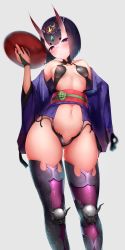 Rule 34 | 1girl, absurdres, blunt bangs, bob cut, boruhis, cowboy shot, fate (series), from below, hair between eyes, head tilt, highres, leg armor, looking at viewer, revealing clothes, simple background, solo, standing, thighs