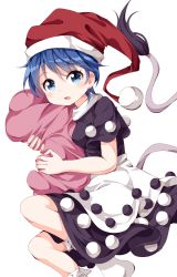 Rule 34 | 1girl, blue eyes, blue hair, doremy sweet, dress, hat, looking at viewer, matching hair/eyes, nightcap, open mouth, pillow, pom pom (clothes), ruu (tksymkw), short hair, short sleeves, simple background, socks, solo, tail, tapir tail, touhou, white background, white socks