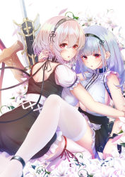 Rule 34 | 2girls, anchor choker, apron, azur lane, black hairband, breasts, brown dress, center frills, choker, clothing cutout, dido (azur lane), dress, flower, frilled choker, frills, from behind, hairband, imo bouya, lace-trimmed hairband, lace trim, large breasts, lily (flower), looking at viewer, looking back, multiple girls, puffy short sleeves, puffy sleeves, red eyes, ribbon-trimmed legwear, ribbon trim, short hair, short sleeves, sirius (azur lane), sleeveless, sleeveless dress, sword, thighhighs, underboob, underboob cutout, waist apron, weapon, white apron, white flower, white hair, white legwear, yuri