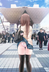 Rule 34 | 1girl, ass, back-print, bag, black thighhighs, blue sky, breasts, brown hair, clothes lift, cloud, day, feet out of frame, from behind, highres, jk-chan (oouso), kneepits, knees together feet apart, long hair, looking at viewer, medium breasts, miniskirt, multiple others, neckerchief, ol-chan (oouso), oouso, original, outdoors, panties, pink panties, plaid, plaid panties, pleated skirt, school uniform, shoulder bag, sidelocks, skindentation, skirt, skirt lift, sky, solo focus, standing, sweat, sweatdrop, thighhighs, thighs, tile floor, tiles, tokyo big sight, underwear, wardrobe malfunction