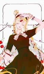 Rule 34 | 1girl, bishoujo senshi sailor moon, black dress, blonde hair, blue eyes, bow, bowtie, cherry, closed mouth, collared dress, double bun, dress, food, fruit, gloves, hair bun, highres, lips, long hair, mian lang, parted bangs, smile, solo, tsukino usagi, twintails, very long hair, white background, white bow, white bowtie