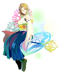 Rule 34 | 00s, 1girl, blue hakama, breasts, brown hair, detached sleeves, closed eyes, final fantasy, final fantasy x, hair ornament, hakama, hakama skirt, highres, japanese clothes, jewelry, katou (fly glide skim soar flit), light smile, short hair, simple background, skirt, smile, solo, staff, wand, white background, yuna, yuna (ff10)