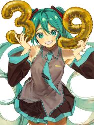 Rule 34 | 1girl, 39, balloon, black skirt, black sleeves, colored eyelashes, detached sleeves, green eyes, green hair, green nails, green necktie, grey shirt, hair between eyes, hair ornament, hands up, hatsune miku, holding, holding balloon, long hair, miku day, necktie, pleated skirt, shirt, simple background, skirt, sleeveless, sleeveless shirt, smile, solo, tie clip, tukushi 6, twintails, very long hair, vocaloid, white background