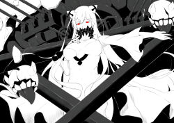 Rule 34 | 10s, 1girl, abyssal ship, black nails, breasts, cannon, cleavage cutout, clothing cutout, dress, female focus, horns, kantai collection, large breasts, long hair, long sleeves, looking at viewer, midway princess, monochrome, nail polish, niwatazumi, red eyes, solo, white dress, white hair