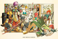 Rule 34 | 1990s (style), 2boys, 2girls, accident, armor, artist name, bike shorts, blonde hair, blue eyes, book, book stack, bookshelf, cable, cape, chrono trigger, clock, clock tower, closed eyes, crono (chrono trigger), feet on table, frog (chrono trigger), frogman, gloves, high ponytail, highres, holding, holding tray, indoors, katana, long hair, lucca ashtear, marle (chrono trigger), multiple boys, multiple girls, non-web source, official art, on chair, open mouth, pencil behind ear, purple hair, red hair, retro artstyle, robo (chrono trigger), robot, sheath, sheathed, short hair, single glove, sitting, sleeping, spiked hair, standing, sword, toriyama akira, tower, traditional media, tray, tripping, unworn armor, weapon, yellow gloves