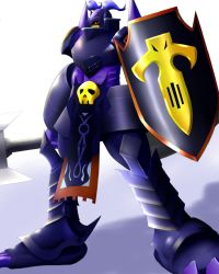 Rule 34 | armor, bandai, craniamon, digimon, full armor, gradient background, highres, horns, monster, no humans, royal knights, sasasi, solo, weapon, white background