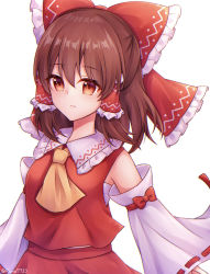 Rule 34 | 1girl, ascot, bare shoulders, bow, brown eyes, brown hair, closed mouth, collared vest, commentary request, detached sleeves, frilled bow, frills, hair bow, hakurei reimu, highres, long sleeves, medium hair, midriff peek, red bow, red ribbon, red skirt, red vest, ribbon, ribbon-trimmed sleeves, ribbon trim, runa (runa7733), simple background, skirt, solo, touhou, upper body, vest, white background, white sleeves, wide sleeves, yellow ascot
