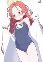 Rule 34 | 1girl, absurdres, artist name, bare legs, bare shoulders, black one-piece swimsuit, blue archive, blue eyes, blush, covered navel, cowboy shot, dated, halo, highres, long hair, myeolchi, name tag, one-piece swimsuit, open mouth, red hair, school swimsuit, signature, simple background, solo, swimsuit, white background, yellow halo, yuzu (blue archive)