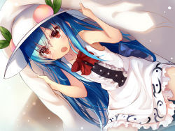 Rule 34 | &gt;:o, 1girl, :o, adapted costume, bare arms, bare shoulders, blanket, blue hair, blush, bow, bowtie, center frills, commentary request, dress, dutch angle, efe, food, frilled dress, frills, fruit, hat, hinanawi tenshi, long hair, looking at viewer, open mouth, peach, red bow, red bowtie, red eyes, short dress, sleeveless, sleeveless dress, solo, thighs, touhou, v-shaped eyebrows, very long hair, w arms, white dress