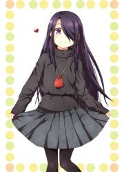 Rule 34 | 1girl, belt, black hair, hair over one eye, kouji (campus life), long hair, original, pantyhose, purple eyes, skirt, solo, sweater
