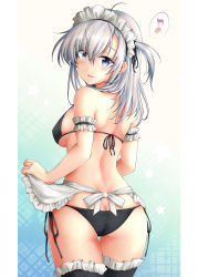 Rule 34 | 1girl, apron, ass, bikini, black bikini, black thighhighs, commentary request, cowboy shot, eighth note, frilled apron, frilled thighhighs, frills, from behind, gradient background, habara meguru, highres, kantai collection, long hair, looking at viewer, looking back, maid, maid bikini, maid headdress, musical note, one side up, silver hair, solo, spoken musical note, suzutsuki (kancolle), swimsuit, thighhighs, unconventional maid, waist apron, white apron, white background