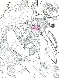 Rule 34 | 1boy, 1girl, asterios (fate), blush, earrings, euryale (fate), fate/grand order, fate/hollow ataraxia, fate (series), flower, hair ornament, horns, japanese clothes, kimono, long hair, monochrome, open mouth, pants, twintails, very long hair, vest