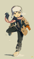 Rule 34 | 1boy, black hair, breath, breathing, child, facing viewer, full body, gloves, hat, long sleeves, looking at viewer, male focus, noeyebrow (mauve), open mouth, orange gloves, original, scarf, simple background, snow, solo, standing, standing on one leg, winter