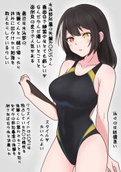 Rule 34 | 1girl, absurdres, alternate costume, black hair, black one-piece (module), blush, breasts, clipboard, collarbone, competition swimsuit, girls&#039; frontline, gluteal fold, gotoo, grey background, hair between eyes, heterochromia, highres, large breasts, long hair, looking at viewer, multicolored hair, one-piece swimsuit, open mouth, red eyes, ro635 (girls&#039; frontline), smile, solo, streaked hair, swimsuit, text background, white hair, yellow eyes
