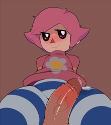 Rule 34 | 1girl, animal crossing, arms behind back, between legs, black sclera, blue pantyhose, blush, brown background, captain kirb, colored sclera, disembodied penis, dress, erection, floral print, half-closed eyes, nintendo, nose blush, pantyhose, penis, pink dress, pink hair, precum, short hair, short sleeves, simple background, smile, solo, striped clothes, striped pantyhose, uncensored, veins, veiny penis, villager (animal crossing), white eyes