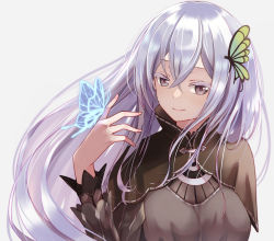 Rule 34 | 1girl, absurdres, blue butterfly, breasts, brown capelet, bug, butterfly, butterfly hair ornament, capelet, crossed bangs, echidna (re:zero), grey background, grey hair, hair between eyes, hair ornament, hand up, highres, insect, koisuke, long hair, long sleeves, looking at viewer, medium breasts, nail polish, re:zero kara hajimeru isekai seikatsu, simple background, smile, solo, upper body