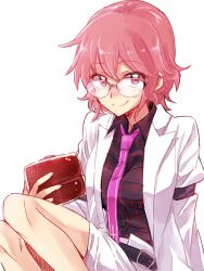 Rule 34 | 1girl, 6 (yuchae), glasses, horikawa raiko, jacket, necktie, open clothes, open jacket, red eyes, red hair, shirt, short hair, solo, touhou, white background